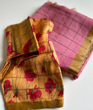 Pre stitched blouse usa online Handwoven pink pure tussar silk saree online and prestitched blouse  Saree with stitched blouse online usa  Cotton pre stitched blouse usa