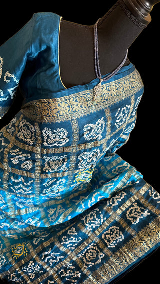 Bhandhani saree gajji silk saree peacock blue saree blue bandhani saree bhandhej saree online usa with stitched blouse online usa pure silk saree online usa 