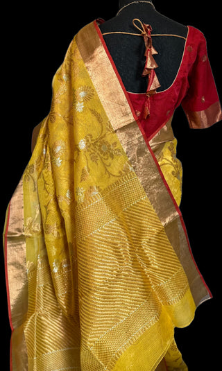 Gold zari kota tissue saree with red blouse online zari kota saree usa