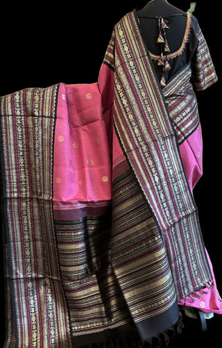 Pink black kanchi pattu saree  embroidered blouse online usa