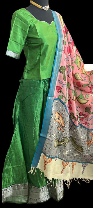 Green Pure Mangalagiri Silk Cotton Lehenga with pen kalamkari  Dupatta