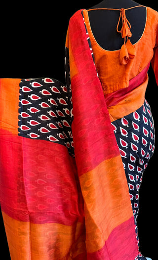 indian saree Black  printed Tussar silk saree with stitched blouse in usa online
