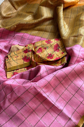 Handwoven pink pure handwoven zari borders Tussar silk saree online usa