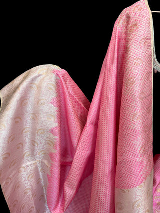 Brocade kanjivaram candy pink silver and gold zari with stitched blouse.