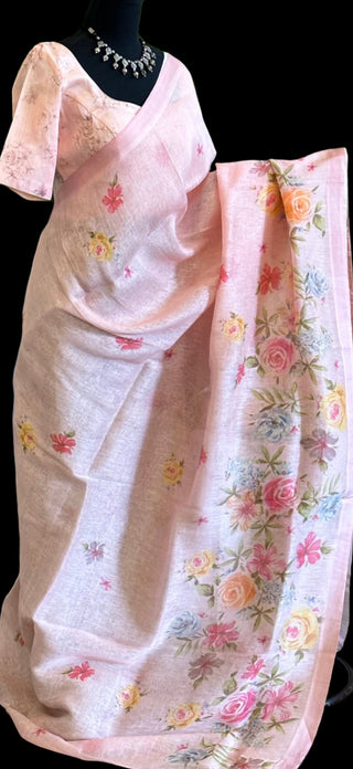Pastel pink Floral Print Linen saree with printed blouse online usa