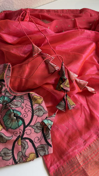 Pink Pure Mangalagiri Silk Cotton Lehenga hand painted kalamkari blouse with Dupatta online shopping usa