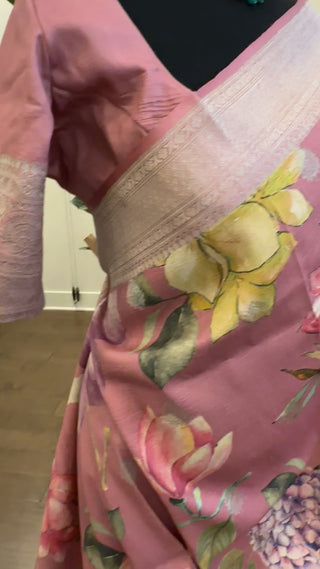 Lotus pink Benerasi Tussar Katan silk saree online shopping with prestitched blouse