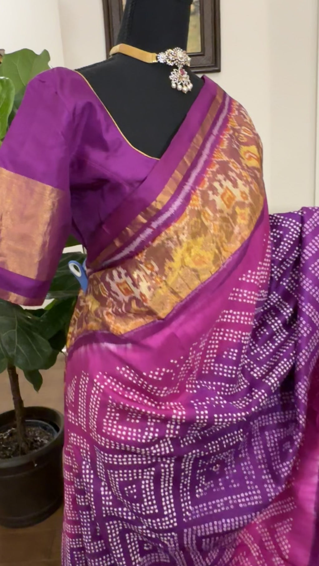 Purple patola silk saree bandhani pallu with stitched blouse online usa