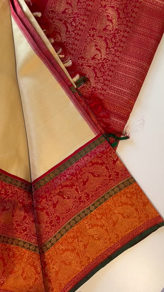 red white kanchi pattu saree bridal kalyana pattu muhurtam saree look indian wedding stitched embrodiered blouse kanjiveram