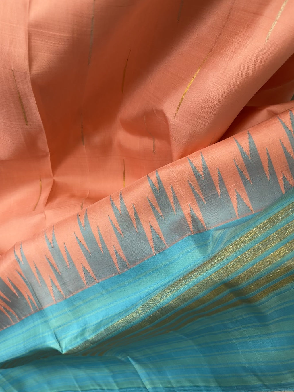 Pastel salmon kanchi pattu silk sarees embroidered blouses