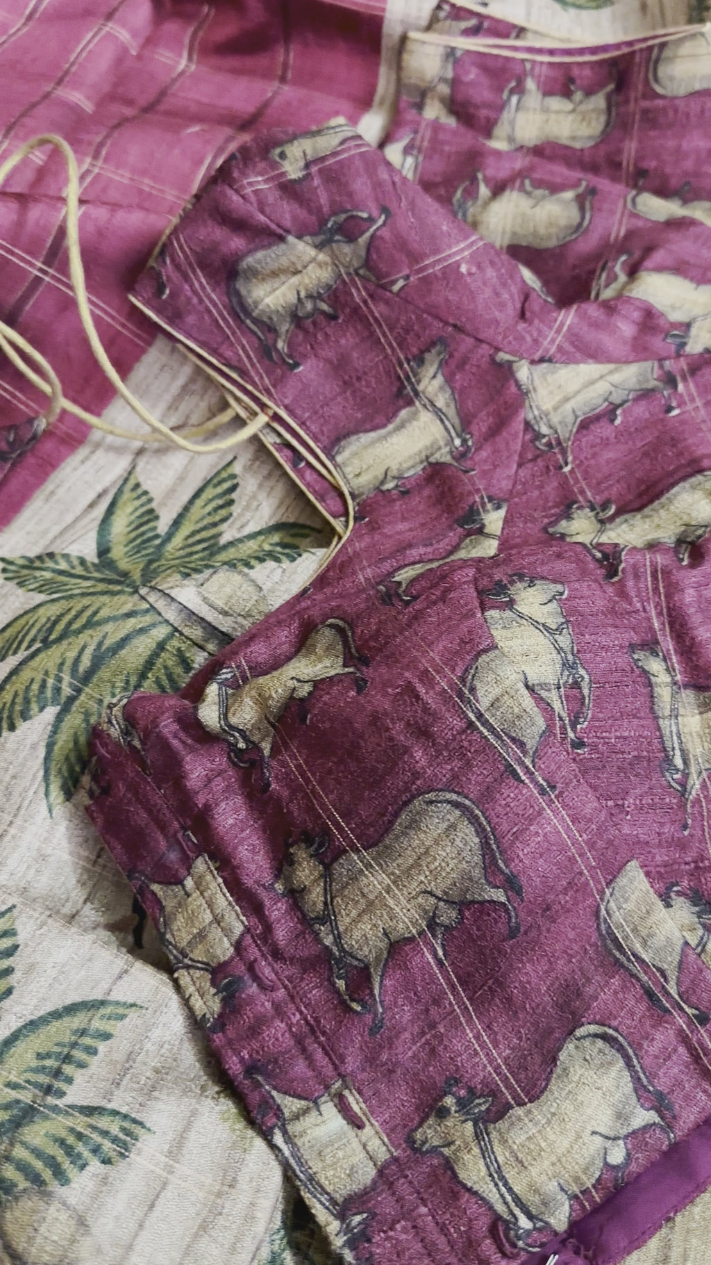 kalamkari printed blouse pure fine handwoven  Tussar silks with zari borders Handwoven pichwai print tussar silk saree online