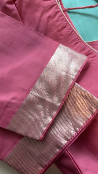 Pastel blue pink pure  Kanjivaram pattu saree plain Handwoven silk saree with stitched  blouse Hand embroidered gemstone blouse