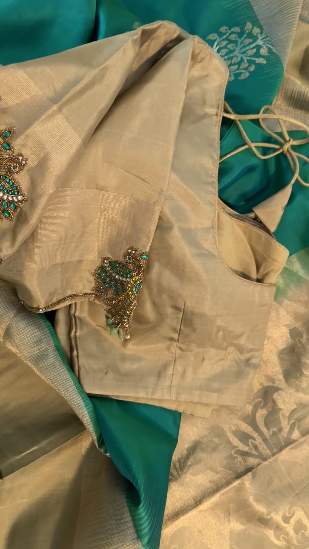 Green soft silk saree with hand embroidered blouse shopping online usa