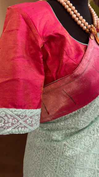 Chikankari pastel georgette sequin saree pure silk paithani border pallu online