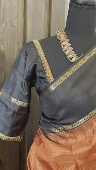 Orange kanchi pattu saree fine weave bridal pure zari with embroidered blouse