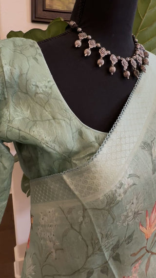 Floral Print Linen saree with printed blouse online usa