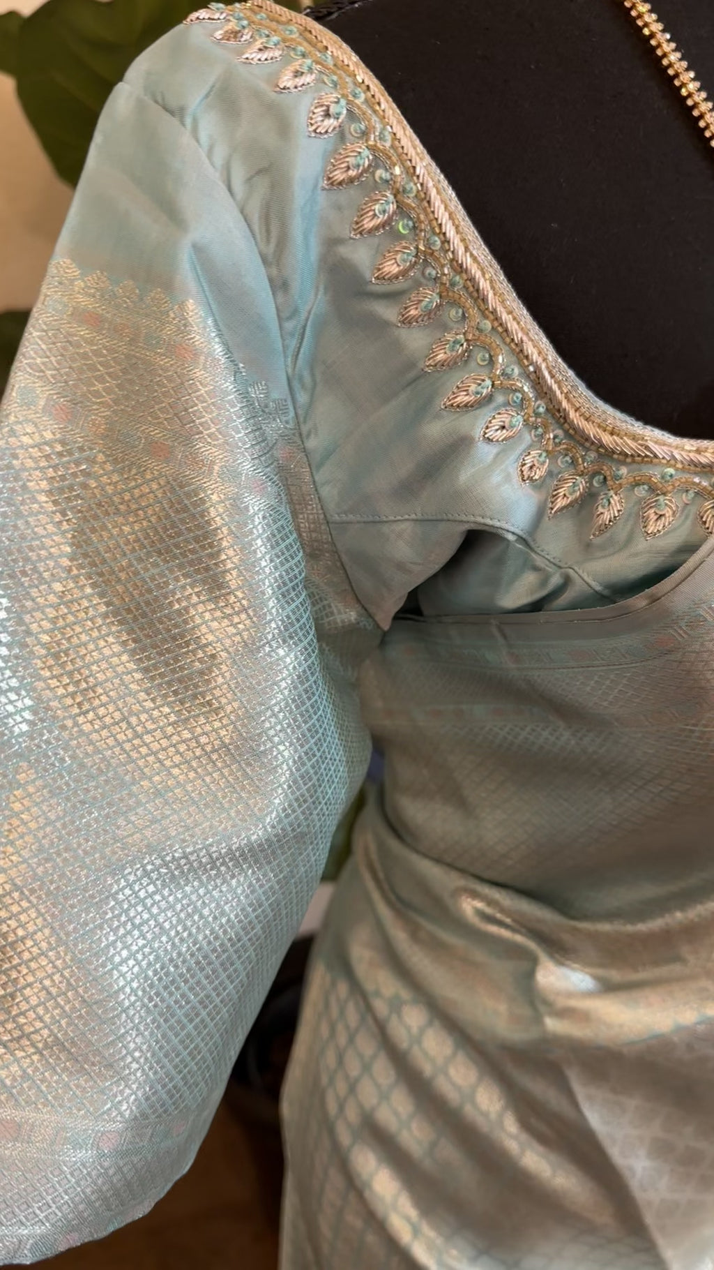 Pastel blue kanjivaram pure silver zari with stitched embroidered blouse online