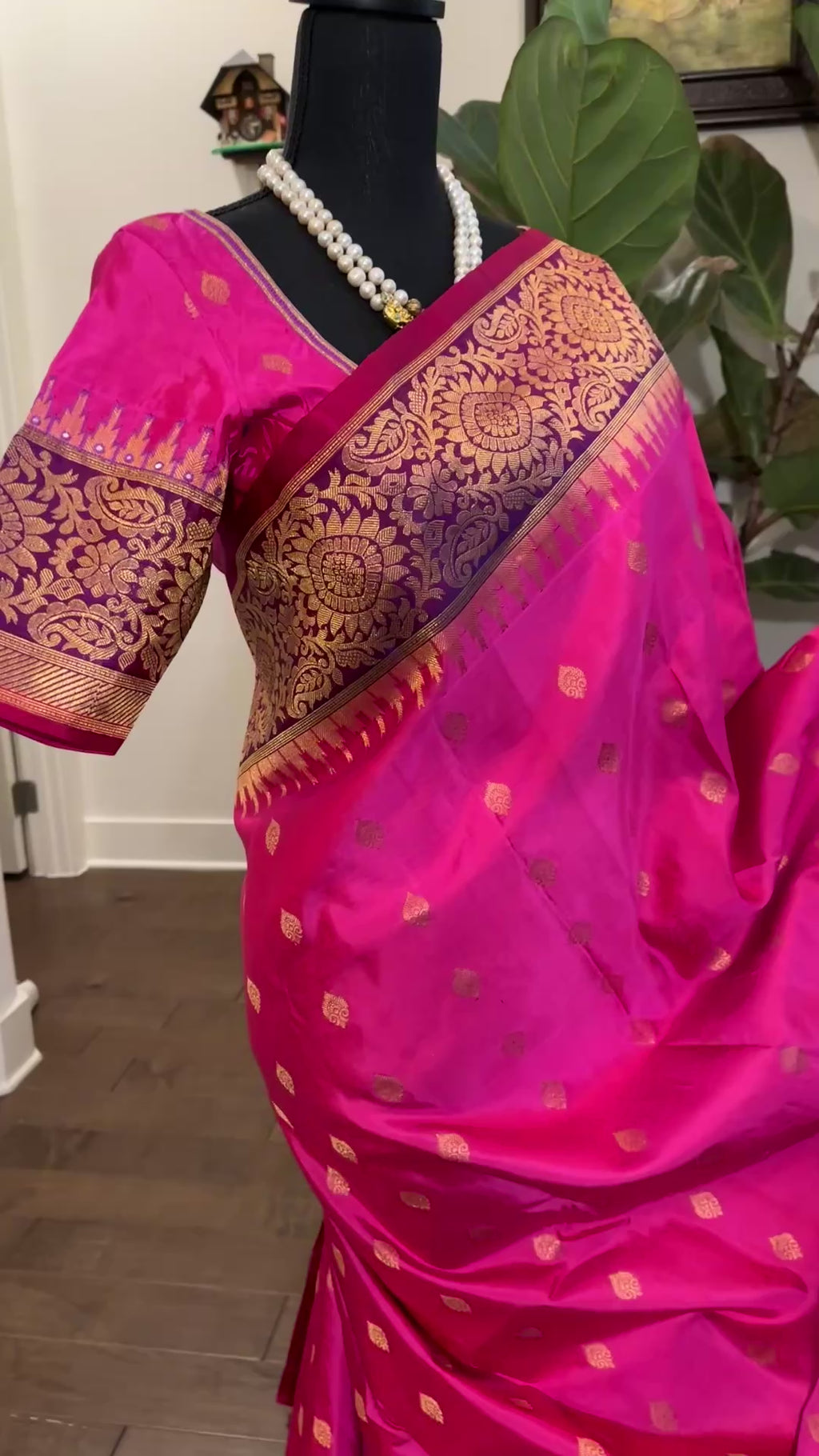 Pink Gadwal handwoven silk saree with embroidered stitched blouse