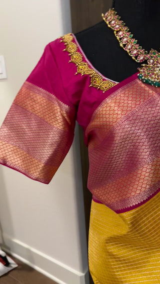 yellow pink silver zari brocade pure silk kanchi pattu handwoven 