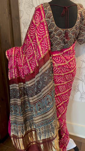 Pink bandhani saree ajarakh pallu bandini Gajji silk with blouse online shopping