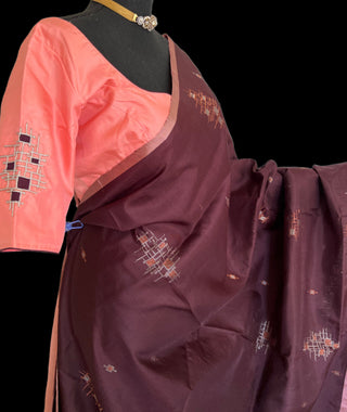 Brown soft silk saree peach embroidered blouse  silver zari soft silk saree usa