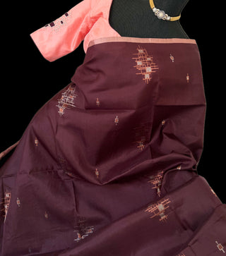 Brown soft silk saree peach embroidered blouse  silver zari soft silk saree usa