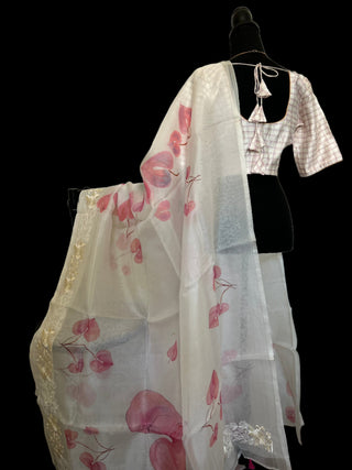 White Organza hand painted saree with prestitched blouse- party wear Organza