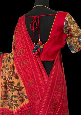 Patan patola hand painted kalamkari silk saree pink with prestitched blouse
