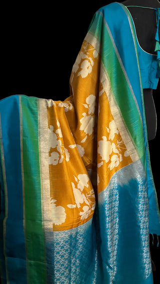 Yellow Printed soft silk double ply saree online