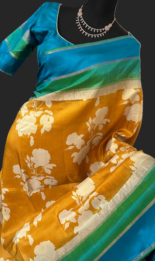 Yellow Printed soft silk double ply saree online