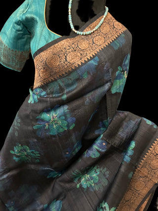 Tussar beneras pure silk saree online usa pure tussar silk floral saree teal black saree online 