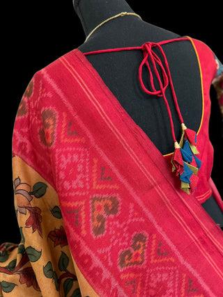Patan patola hand painted kalamkari silk saree pink with prestitched blouse