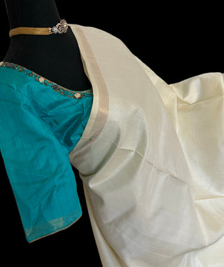 Ven pattu onam saree cream plain  kanjivaram silk saree with hand embroidered blouse