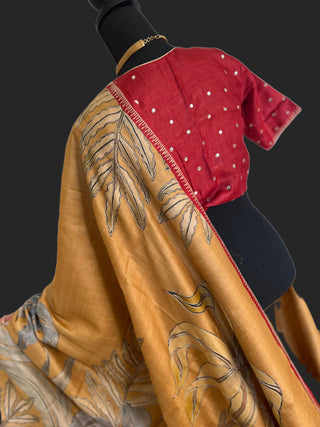 Tussar cutwork mustard color saree online usa pure silk saree with stitched blouse usa online 