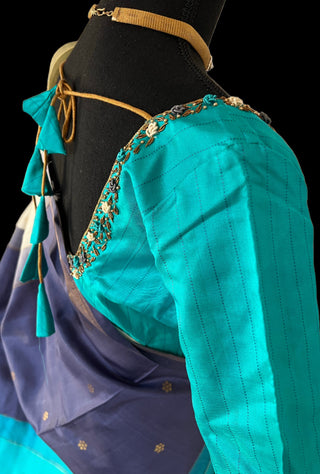 Ven pattu onam saree cream plain  kanjivaram silk saree with hand embroidered blouse